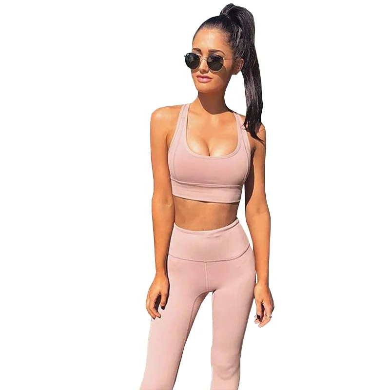 

Ptsports wholesale simple design custom Ladies Bra And Leggings Yoga Suit Wholesale Fitness Women Two Pieces Yoga Set, Black;grey;pink;khaki