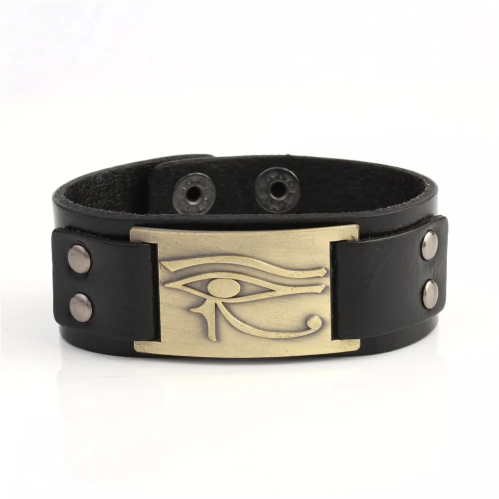 

Egyptian Style Antique Brass Plated Ankh Eye Of Horus leather bracelet