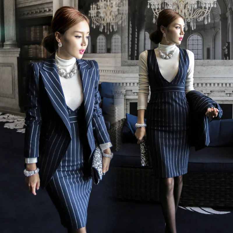 

Wholesale 2 Pieces Navy Striped Fashion Women Formal Business Suit Design Ladies Office Skirt Suits, As shown