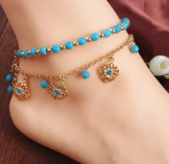 

Handmade Foot Jewelry Blue turquoise Anklets Beach Summer Handmade Foot Chain Women, As photo show