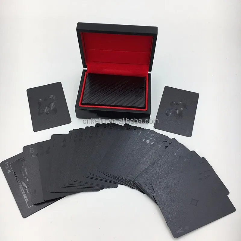 

57X87mm waterproof PET Material Black playing cards with black wooden box