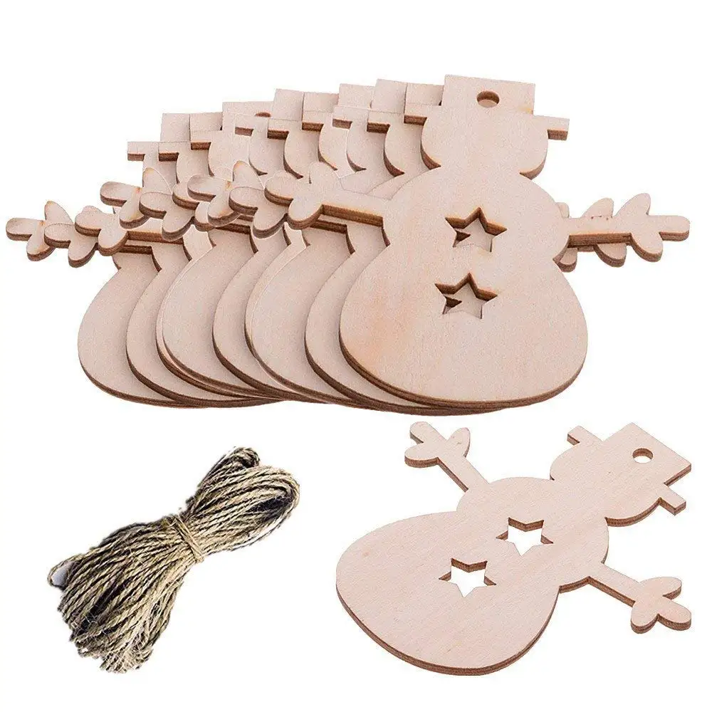 Pack of 10 Christmas Wooden Snowman Blank Wood Gift Tags Crafts Wood Slices with Holes Cutouts for Kids Crafts Christmas Tree Decoration