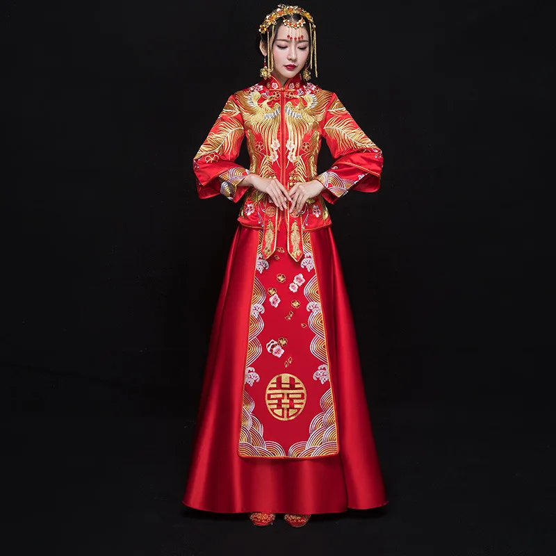 

2019 new style slim stand collar bridal wedding gowns vintage big red luxury embroidery gowns