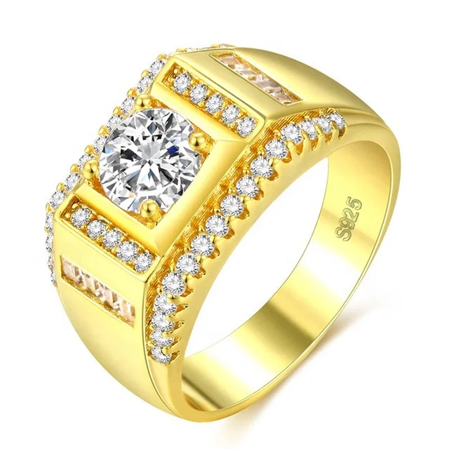 

Trendy Mens Stone CZ Crystal Signet Rings Vintage Gold Color Engagement Wedding Band Fashion Jewelry