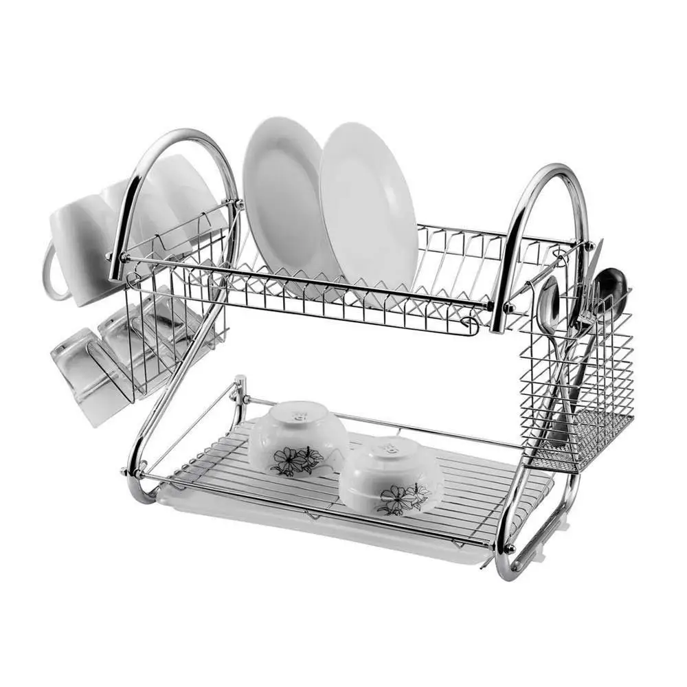 

Kitchen Use Large Capacity Stainless Steel Chrome Plated Metal Wire 2 tier dish drying rack for Cutlery Cup Bowl, Silver