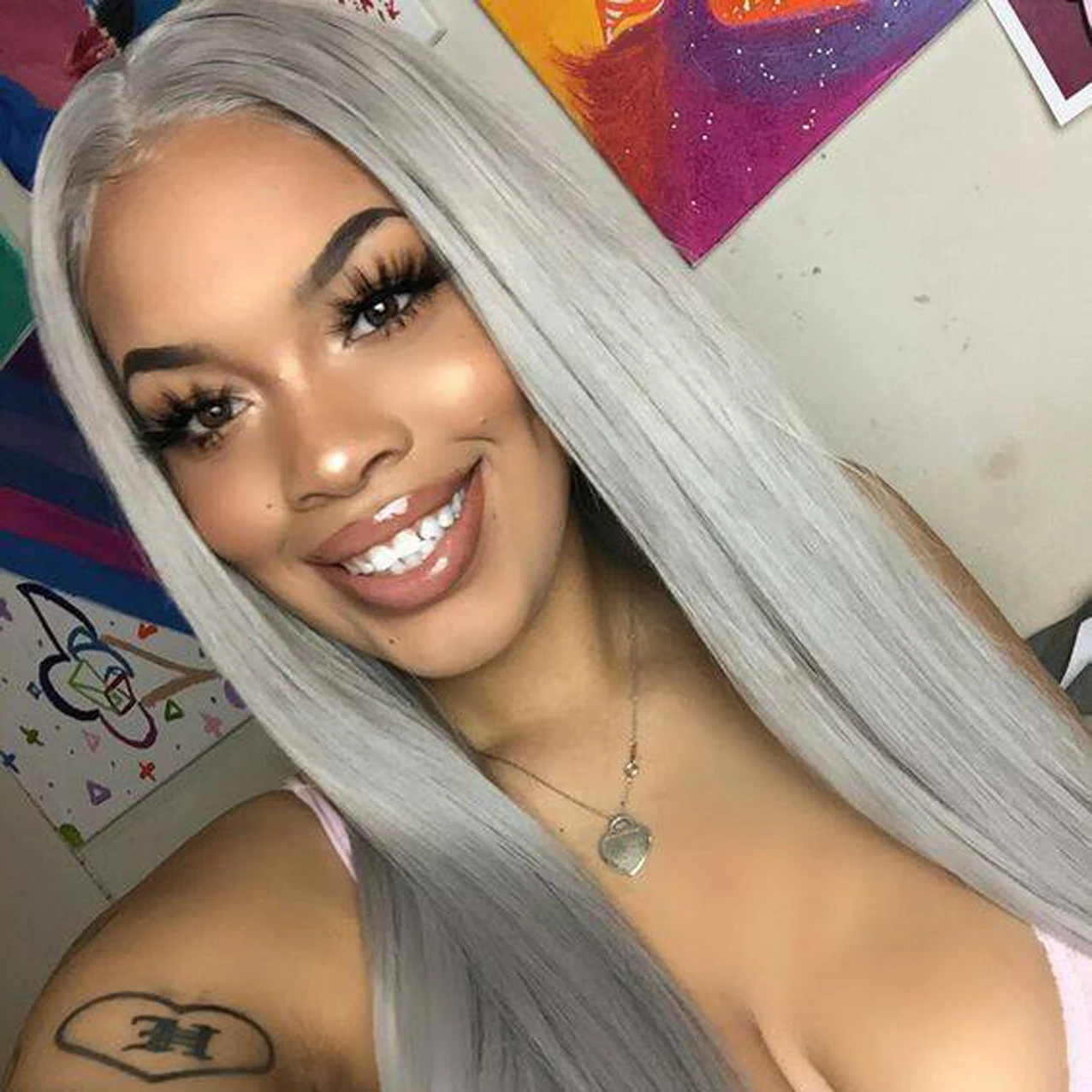 

Silk Straight silver grey human hair lace front wigs pre plucked transparent lace frontal wig