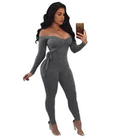 

Women grey pure color deep v neck bandage off shoulder jumpsuit with sashes