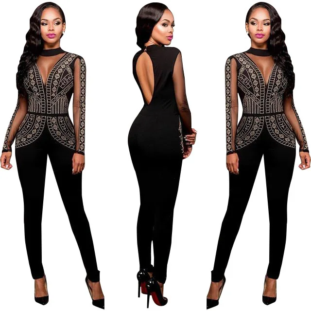 

Fashion Spring Summer Jumpsuits Women High Quality Beaded Sexy Party Jumpsuit Rompers Ladies Bodysuits, Black/red