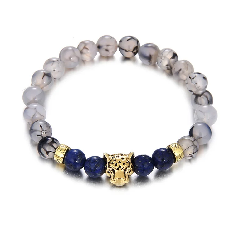 

High Quality Leopard Lion Head Charm Jewelry Wholesale Handmade Natural Stone Beaded Bracelets for Men, Gold;silver