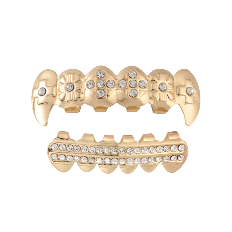 
Hot selling One Pair Teeth Grillz HipHop Gold Teeth full set [lower & upper hiphop grillz] with diamond 