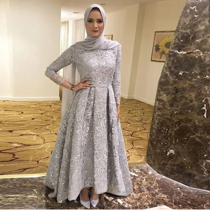 

Muslim Prom Dresses High Neck Long Sleeve Asymmetrical Hem Evening Gown Abric Dubai Formal Dress, Custom made