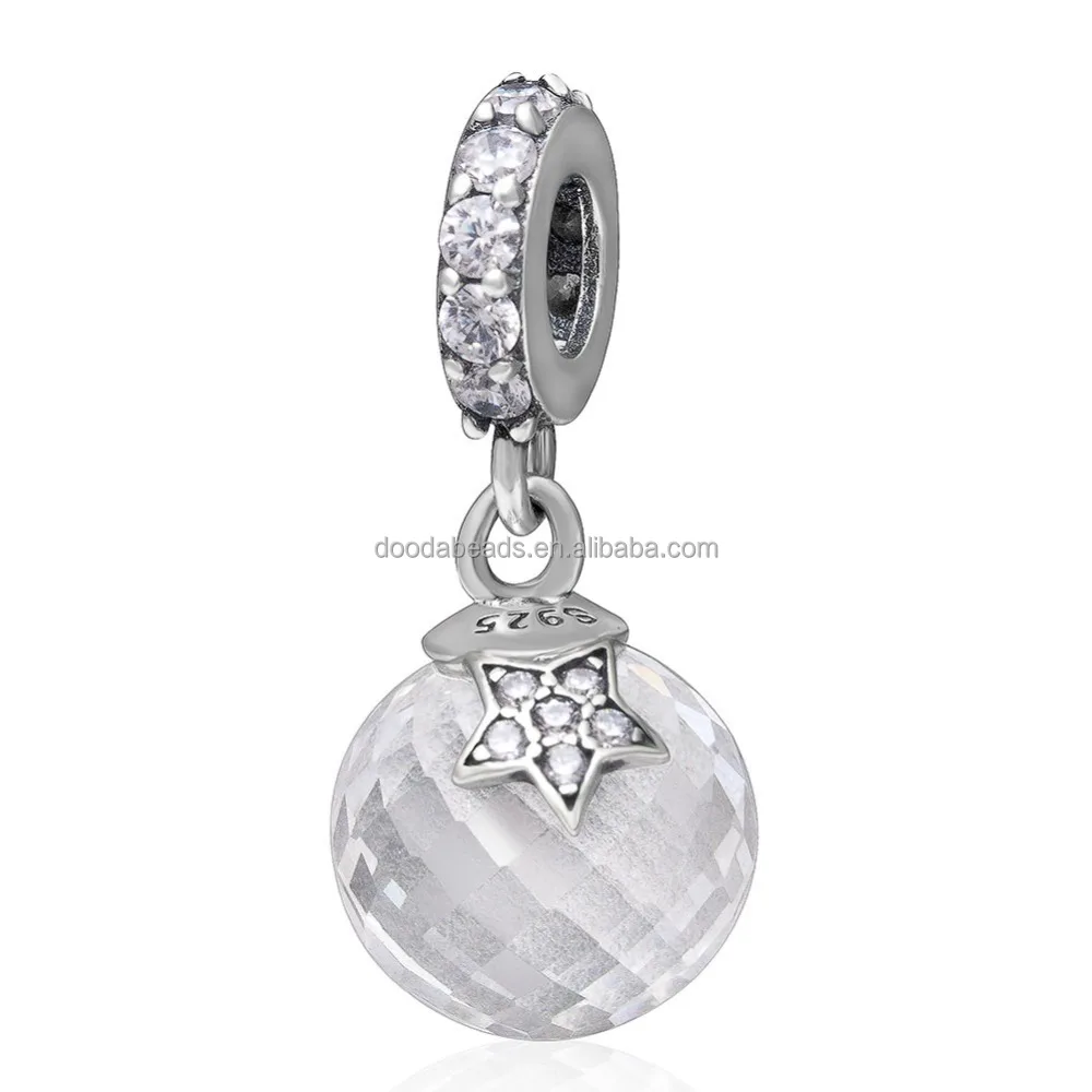 

925 Sterling Silver Dangle Faceted Moon and Star Charms Beads with Clear CZ