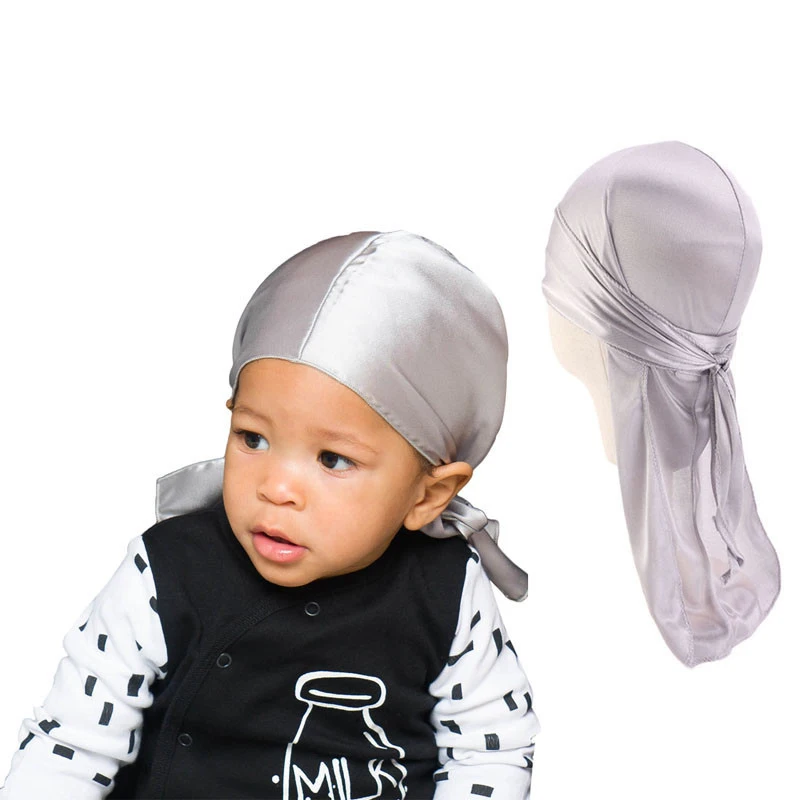 4 Pieces Kids Satin Silky Durag with Wave Caps Set Unisex Baby Durags Long Tail and Wide Strap Headwraps Turban Beanies 