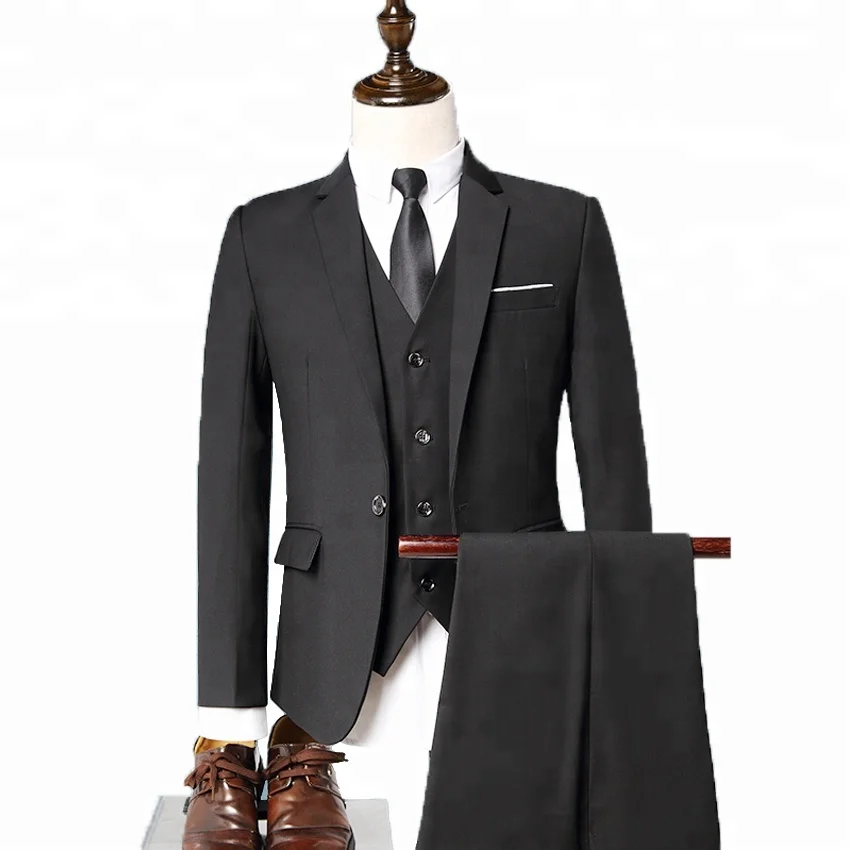 

In-Stock 3 Pieces Elegant Solid Single Breasted Blazer Vest Pants Coat Pant Men Suit, Black;grey;red;dark blue