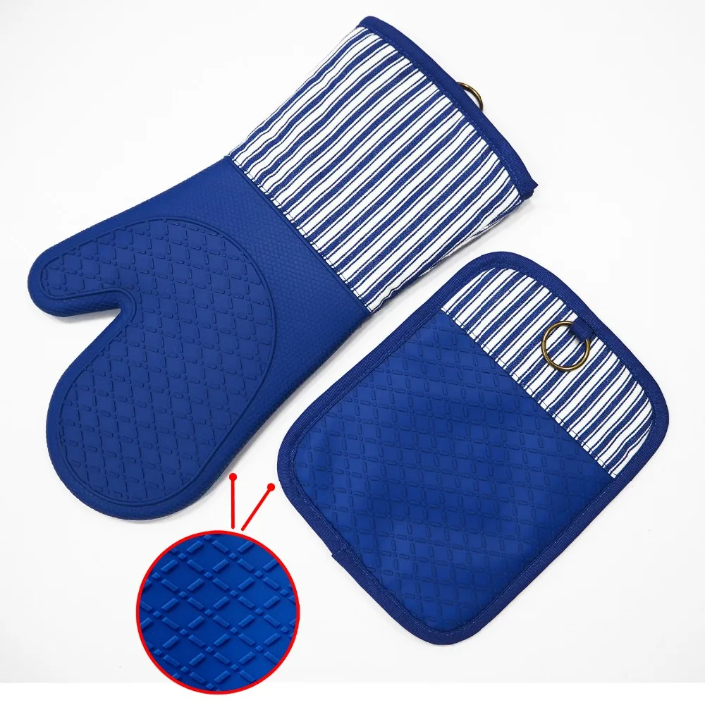 Yarn Dyed Cotton Fabric Silicone Oven Mitts Pot Holder With Extra Long Thick Quilted Cotton