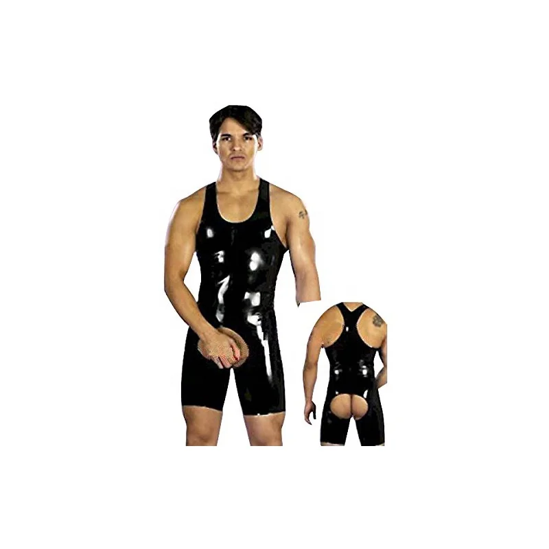 

Men Underwear PVC Bodysuit Lingerie with Open Crotch, Black