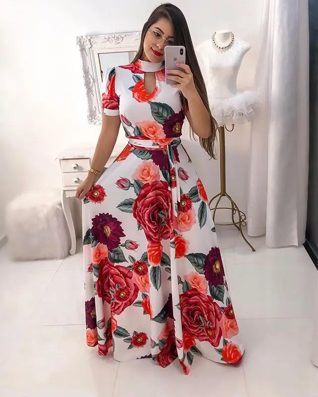 

Women Slender Round Neck Long Floral Printed Summer Dress