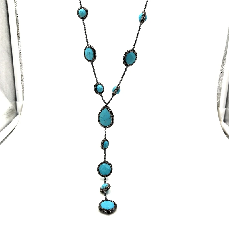 

Hot Sell Long Turquoise Stone Necklace Bead Pave Crystal Diamond Long Tassel Necklaces, Multi colors