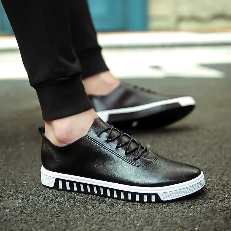 

Korean Hot Style Casual Male Student Flat Shoes Men PU Leather Sneakers, Black/white/orange
