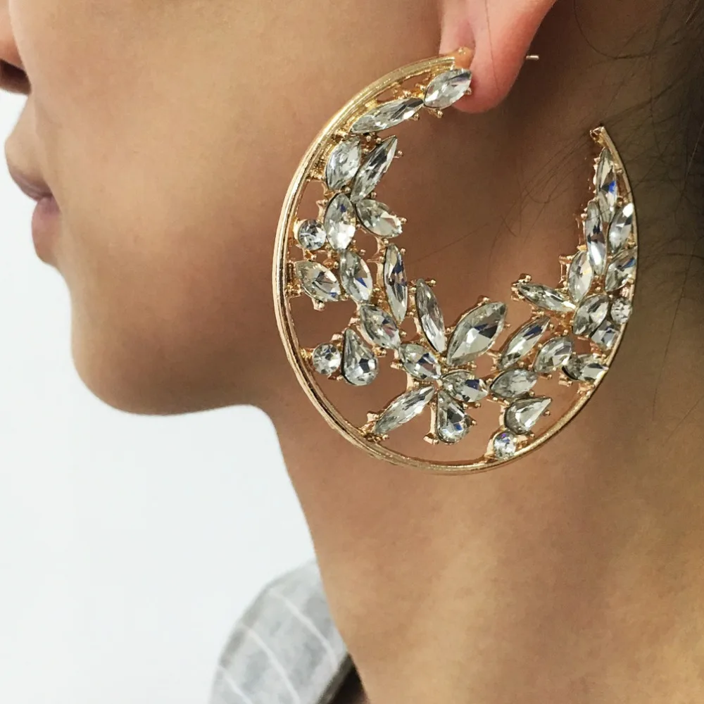 

Luxury Big Rhinestones Hoop Earrings For Women Wedding Jewelry 60mm Statement Earings Fashion Jewelry Round 3 Color, Gold.silver