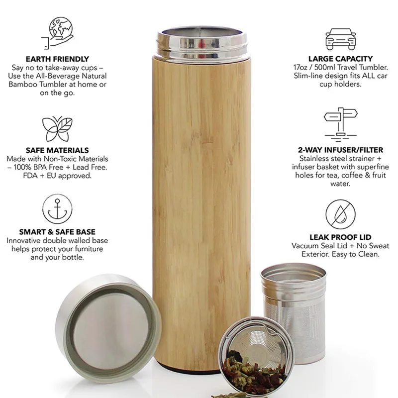 Private Label 500ml Stainless Steel Bamboo Water Bottle 18/8 Bamboo Tea Infuser Bottle Tumbler for Gift