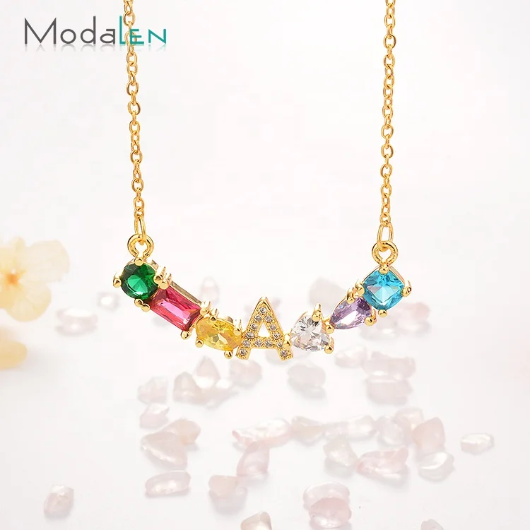 

Modalen Colorful Rhinestone Alphabet Letter Charm Stainless Steel Chain Necklace, Yellow gold