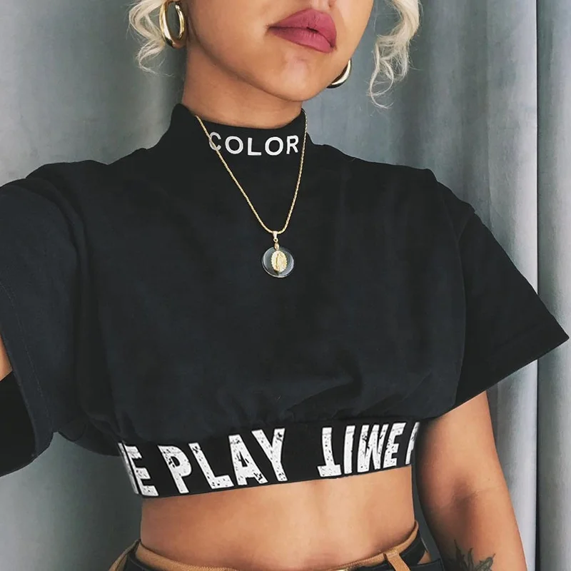 

wholesale women ladies high neck tshirts women casual black crop tops, Customized colors