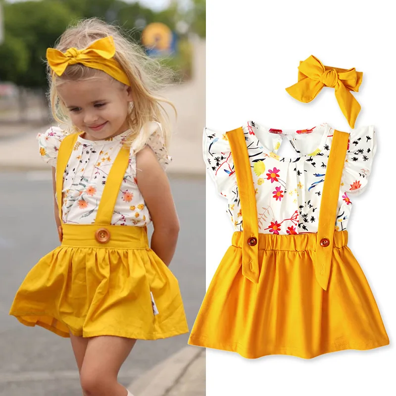 Western Wear Children Boutique Clothes Flower T Shirt And Yellow Overall Clothing Suit With Headband