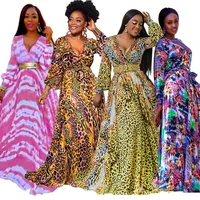 

Ecoparty Boho Printed Chiffon Long Dresses Women V Neck Long Sleeve Belted Evening Party Loose Vintage Beach Summer Maxi Dress