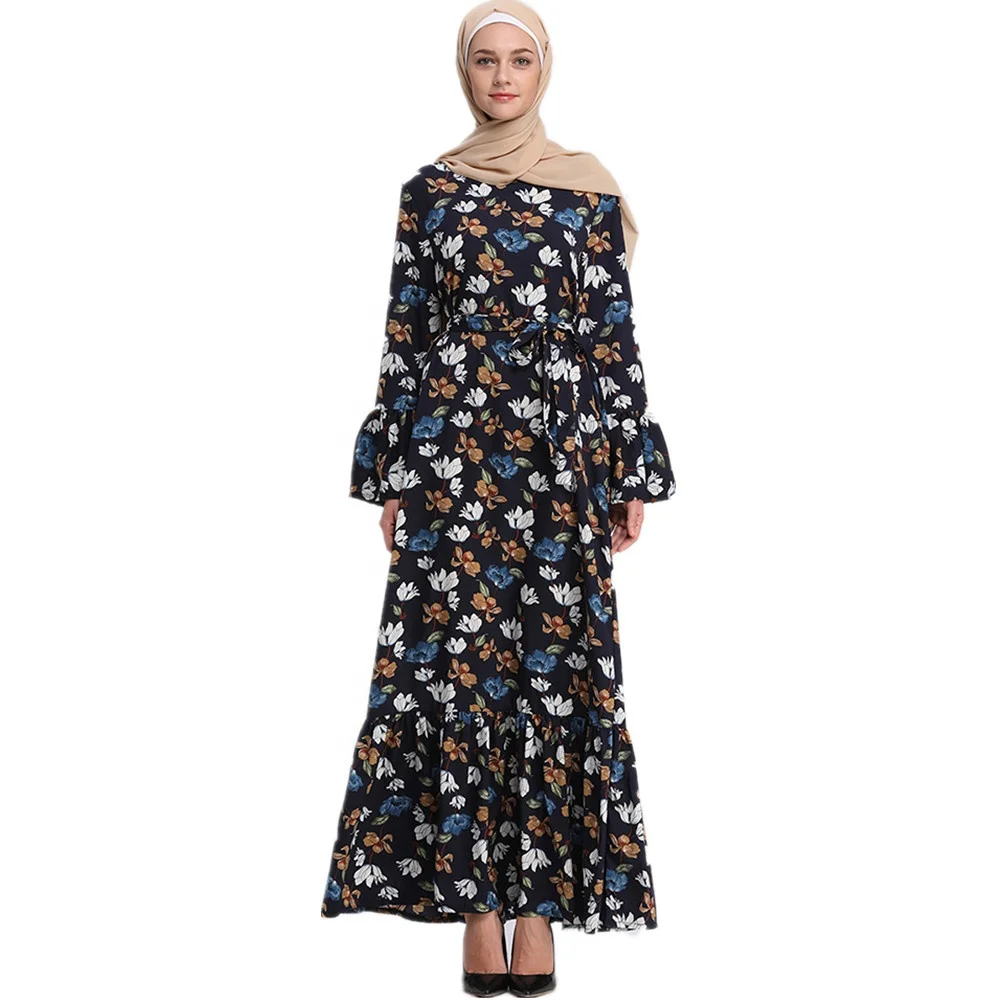 

2019 Newest Muslim Turkish Women Fashion Black Flower Printing Maxi Dress