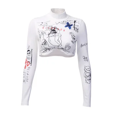 R20053S Women's 2019 new summer sexy navel high collar slim casual sports personality print long-sleeved umbilical shirt