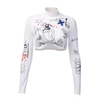 

R20053S Women's 2019 new summer sexy navel high collar slim casual sports personality print long-sleeved umbilical shirt