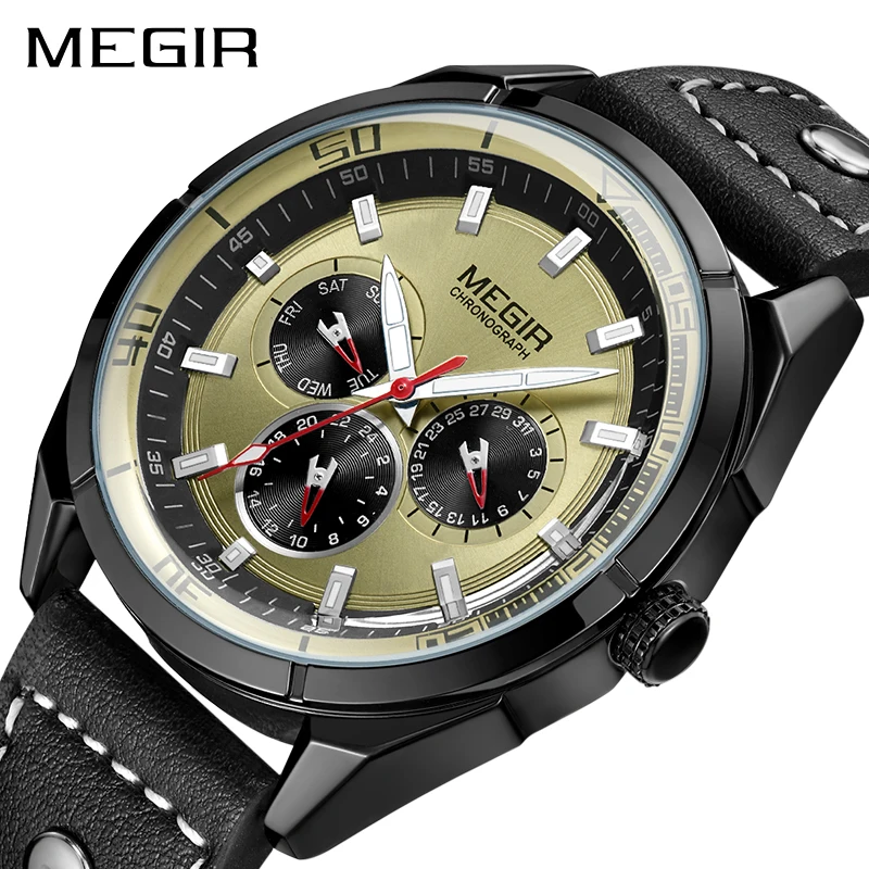 

Megir 2072 Luxury Brand Chronograph Quartz Men's Army Military Sports Watch Leather Waterproof Luminous Clock Relogio Masculino