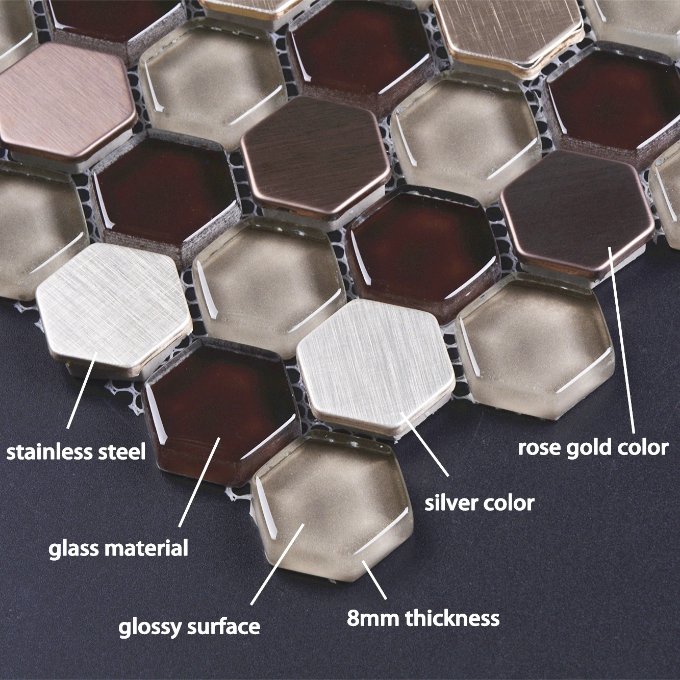 Brown color hexagon metal glass mosaic tile stainless steel mosaic wholesale