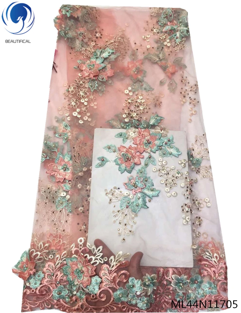 

Beautifical african lace fabrics embroidery 2019 new french tulle fabric with beads ML44N117, Can be customized
