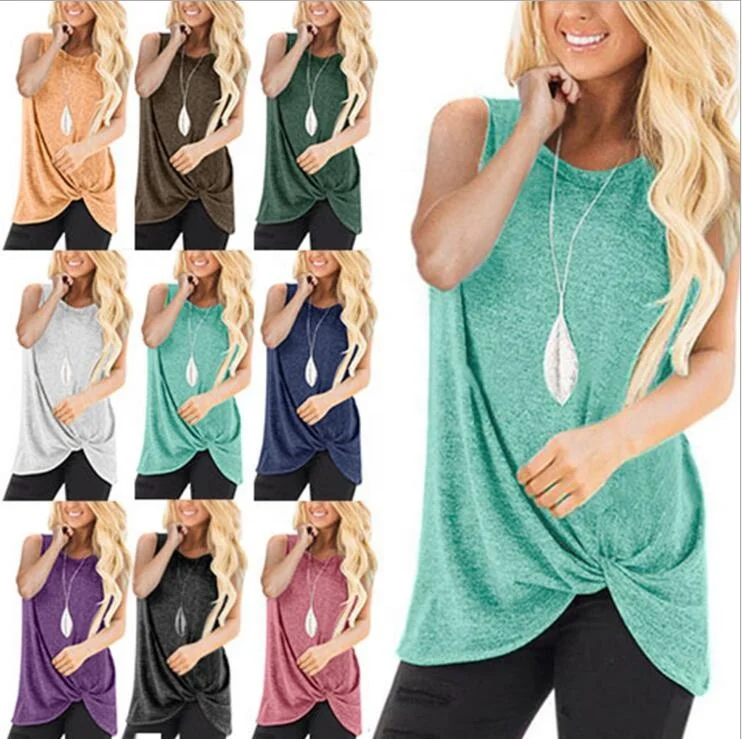

2019 New Arrival Summer Women's Crew Neck Solid Sleeveless Tops Shirts Loose Soft Knit Pullover Side Twist Knot Blouse, 9 colors;as pics shown