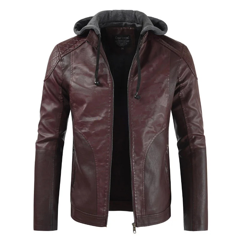 

2018 wholesale latest design mans Winter jacket black Hooded Cap zipper pu thickening Keep motorcycle leather jacket