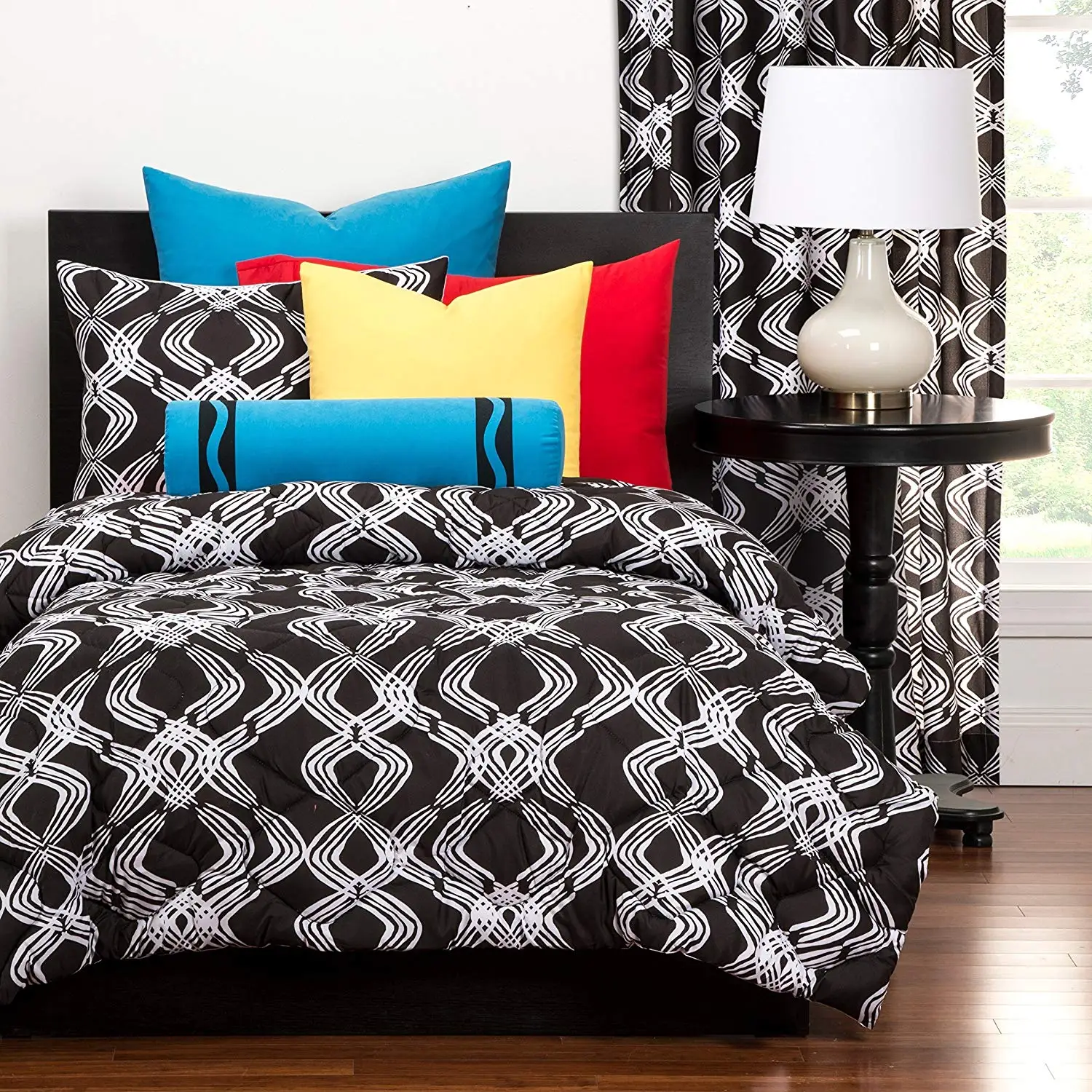 LO 3 Piece Girls Black White Graphic Printed Comforter Set Full Queen, Dark Black Geometric Stripes All Over Printed Adult Bedding Master Bedroom Casual Colorful Contemporary, Microfiber