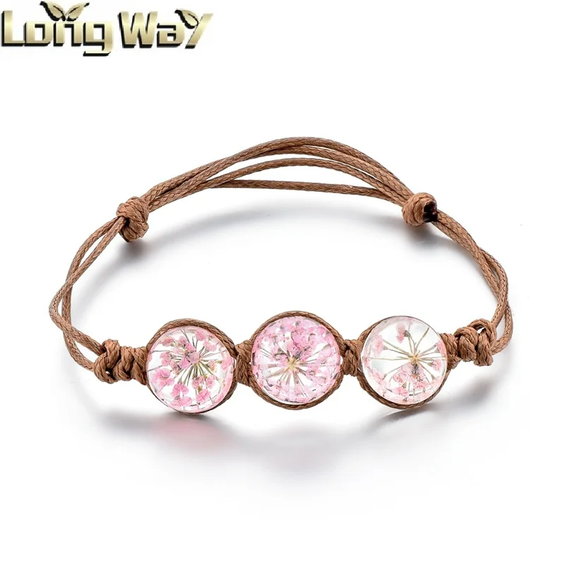 

Leather Handmade DIY Dried Flower Glass Ball Bracelet For Girls, Pink