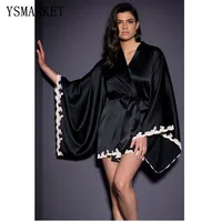 

Women Japanese Yukata Silk Satin Kimono Robe Sleepwear Black Long Sleeve V Neck Dressing Gown Pyjamas Bathrobe Nightwear