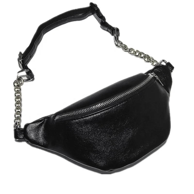 

Custom Logo Outdoor Sport Travel Leather Streetwear Female Make Your Own Waist Pouch Chain Waist Bag Fanny Pack, Black, white