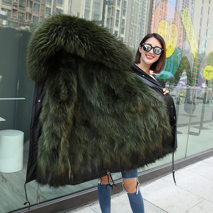 

2020 Winter Warm Hooded Real Fox Army Green Fur Jacket Parka For Women, Customized color