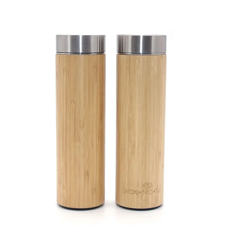 

17oz Stainless Steel Double Wall Bamboo Insulated Thermos Bottle with Detachable Mesh Filter for Brewing Loose Leaf, Natural bamboo