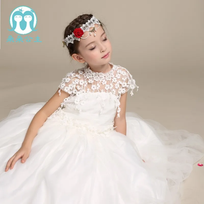 High Quality White Baby Girl Long Flower Wedding Dress Net Frock