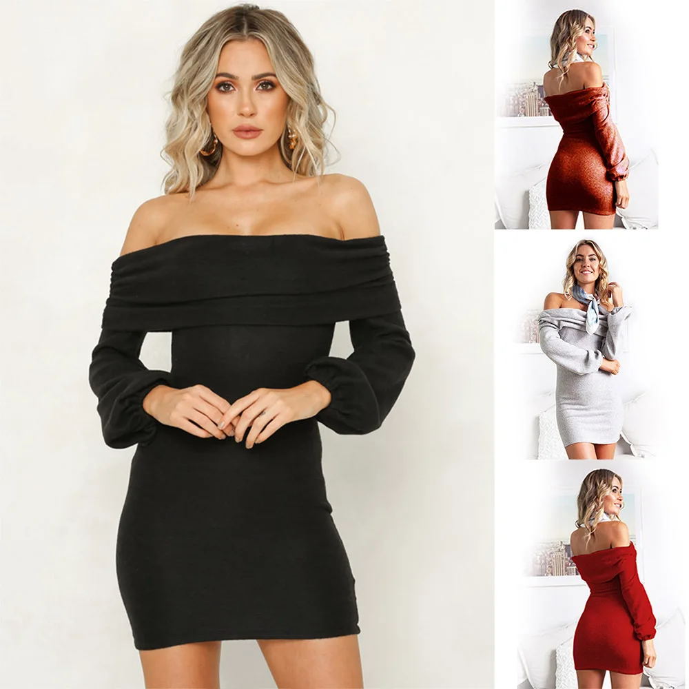 

MY-318 2019 Fashion hot Sexy women off shoulder knitting bodycon tight sweater dress designs boutique ladies long sleeve dress, Wine;black;light blue;army green;gray