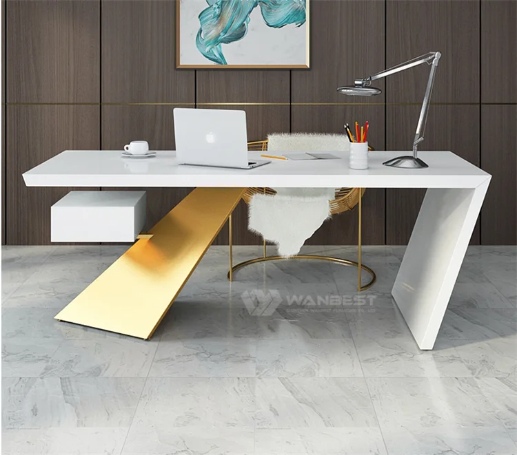 White Artificial Stone Gold Stainless Steel Luxury Design Ceo Unique Office Desk Buy 1 Person Office Desk Office Counter Design Modern Home Office Furniture Product On Alibaba Com