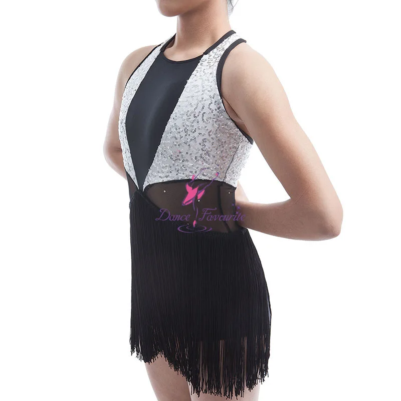 New Arrival Of Girls Black/white Sequin And Mesh Dance Bodice With Black Tassel Skirt Jazz & Tap