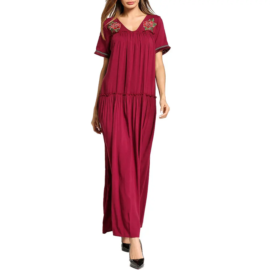 

80730-MX45 V-neck red Embroidery maxi pleated dresses for women