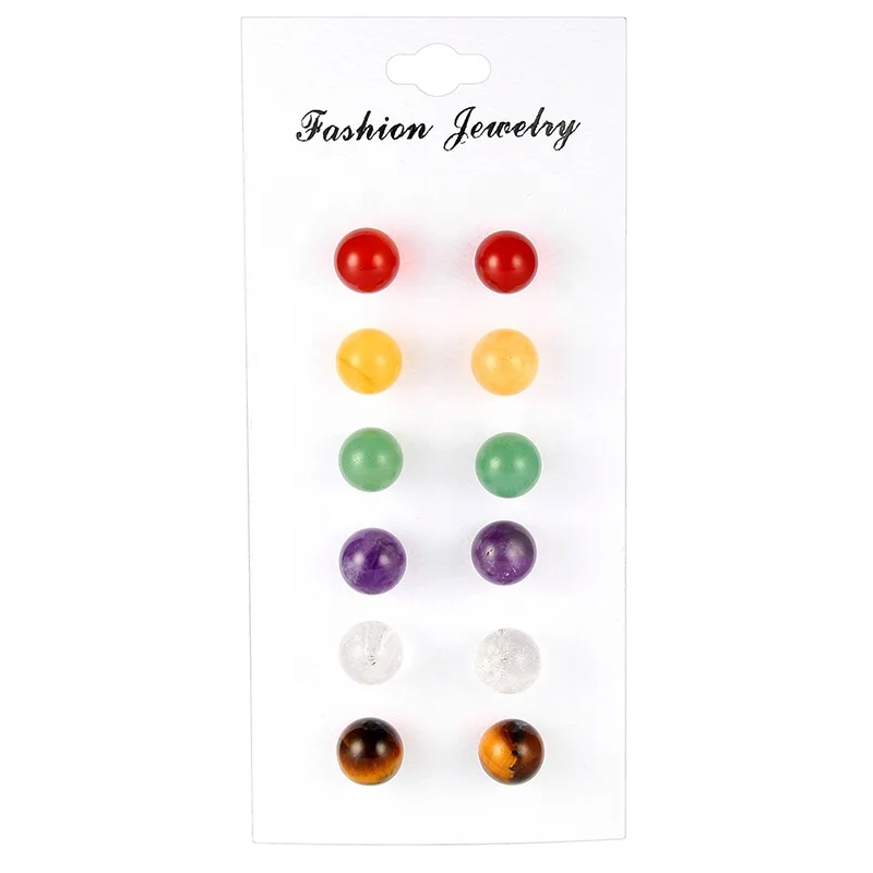 

6 pair/Set Natural Stone Pink Tiger Eye Round Ball Stud Earrings With Silver Hypoallergenic Ear Pin For Lady Earrings Jewelry, Color