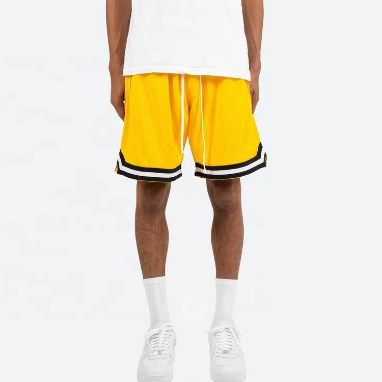 Wholesale Custom Comfortable Black and White Striped Lightweight Athletic Yellow Men Basketball Mesh Shorts